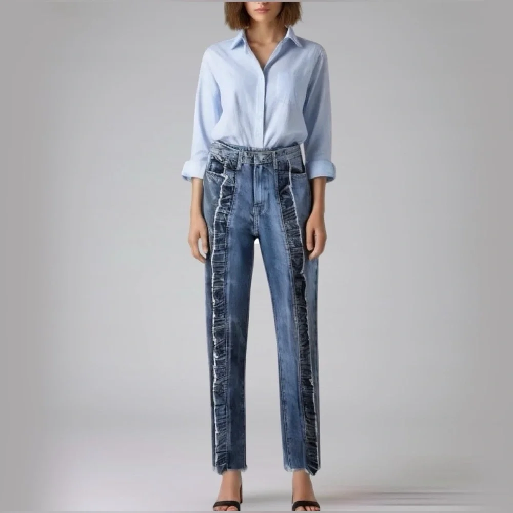 LF x Carmar Ruffle Front Straight Jeans Size 27 High Rise Statement Denim - Picture 9 of 9